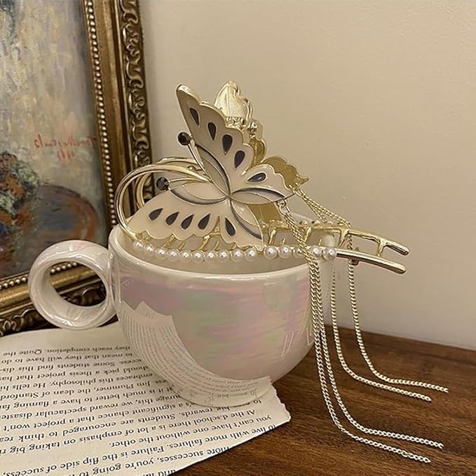 Gold Butterfly Hair Claw Clips Pearl Chain Tassel Rhinestone Butterfly Flower Hair Clips Tassel Nonslip Clamps Hair Accessories for Women and girl.Claw Clips for Thick hair