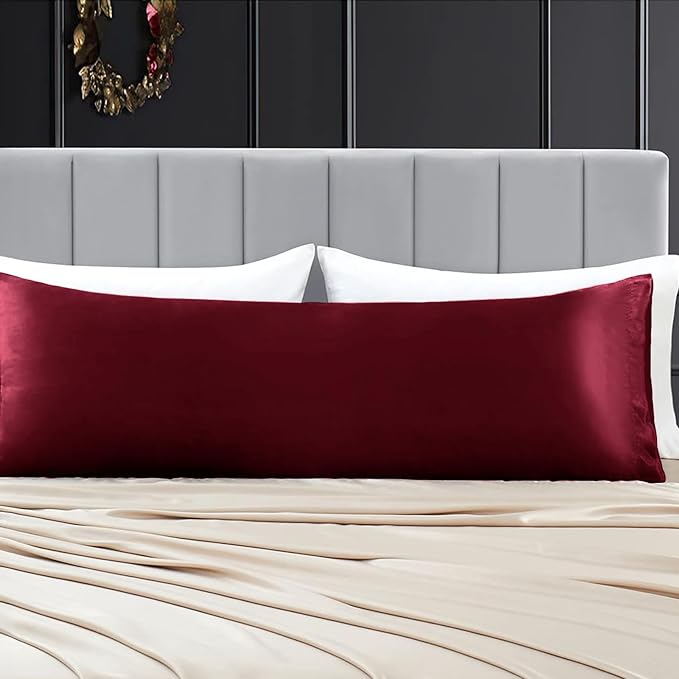 Aormenzy Satin Body Pillow Cover Set of 2, 20x54 Inches Burgundy Body Pillow Case for Adults, Silky Soft & Cooling Body Pillow Pillowcase with Envelope Closure