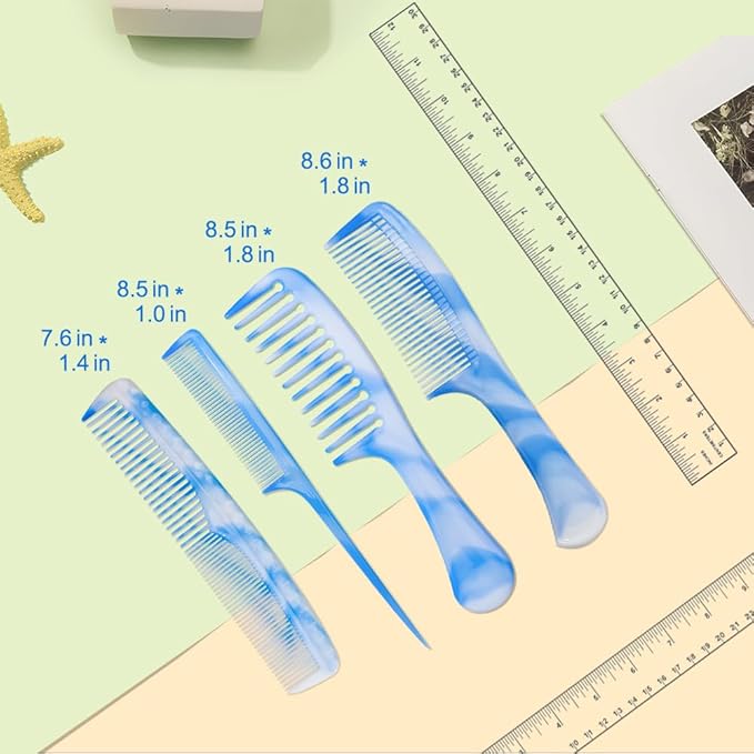 Hair Combs Set: Blue Fine-Tooth, Wide-Tooth, Rat Tail, and Dual-Purpose Comb for Men and Women - Ideal for Detangling and Styling Curls