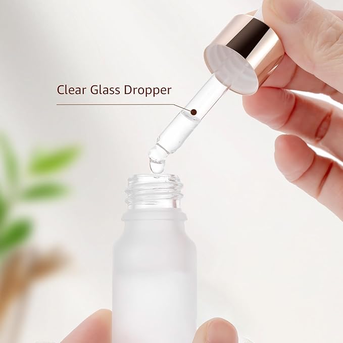 30 Pack 10ml Frosted Glass Dropper Bottles for Essential Oils, 1/3oz Eye Dropper Bottles with Rose Golden Caps for Travel, Mini Empty Glass Tincture Vials with Droppers, Funnels & 30 Labels
