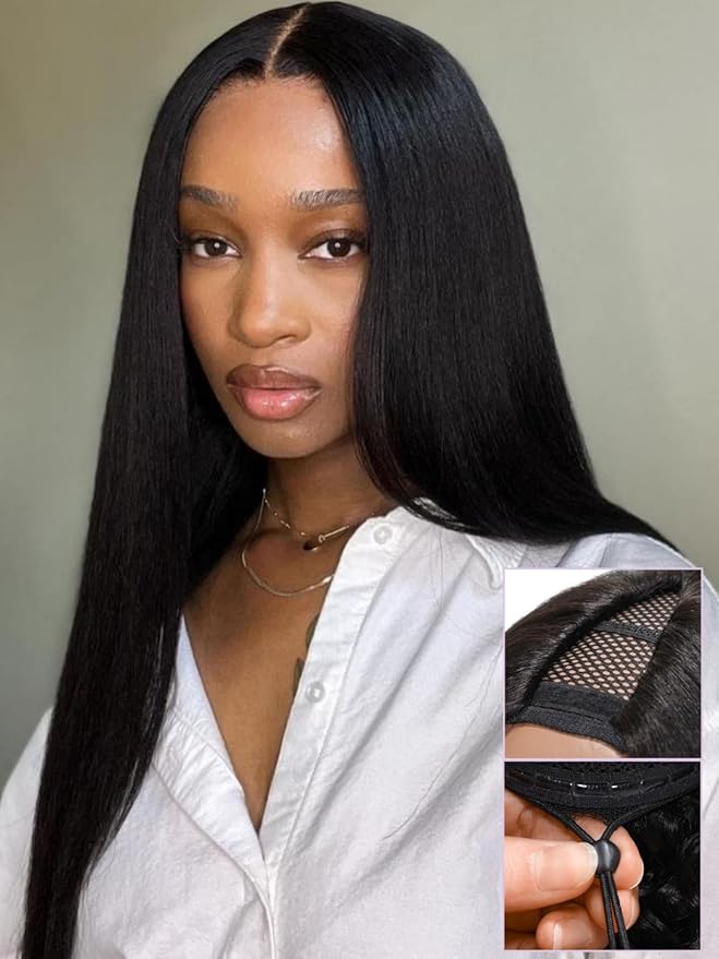 YIROO V Part Wig Yaki Straight Human Hair Wigs for Black Women Upgrade Upart Wig No Leave Out 12A Glueless Kinky Straight V Shape Clip in Half Wig No Glue No Sew Beginner Friendly 180% Density 26 Inch