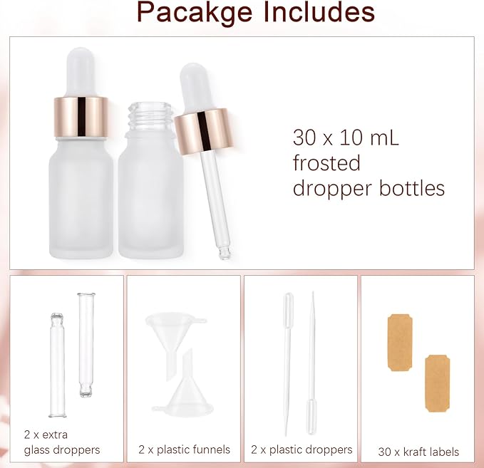 30 Pack 10ml Frosted Glass Dropper Bottles for Essential Oils, 1/3oz Eye Dropper Bottles with Rose Golden Caps for Travel, Mini Empty Glass Tincture Vials with Droppers, Funnels & 30 Labels