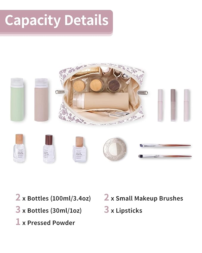 Narwey Small Cute Floral Makeup Bag for Purse Mini Cosmetic Bag Travel Makeup Pouch Zipper Pouch Cute Make up Bags with Compartments for Women Girls (Little Dusty Pink Flower, Small)