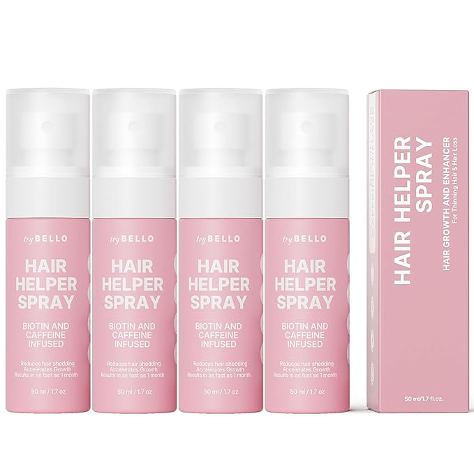 Trybello Hair Helper Spray - Hair Growth Serum with Biotin & Castor Oil - Caffeine Infused Hair Treatment for Thicker, Fuller Hair - Repair Thinning Hair Naturally - Vegan, Cruelty-Free Formula, 4Pack