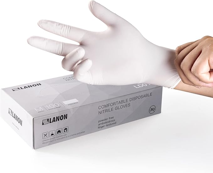 LANON Food Safe White Disposable Nitrile Gloves, Latex-Free, Powder-Free, Textured Fingertips, Cooking, Cleaning, Case, Medium