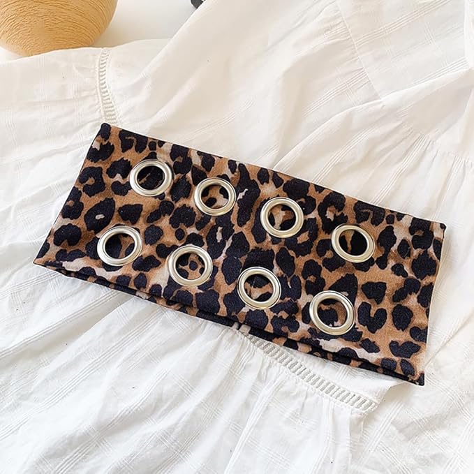 2pack Leopard Grommet Wide Headband Y2K Punk Hollow Out Eyelets Metal Hairband Leopard Print Elastic Hair Accessories For Women Girls