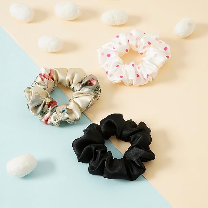19Momme Silk Scrunchie Thick Hair Ties for Curly Hair, No Slip Hair Bands for Women, Vintage Satin Hair Accessories (Black,Eternal Aura,Polka dot)