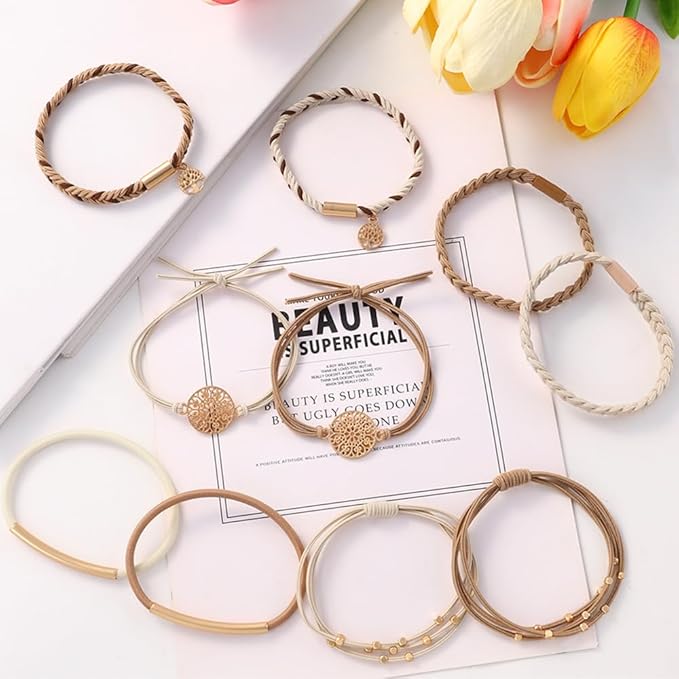 DIYDEC 10PCS Hair Ties Bracelet for Women 5 Styles Soft Braided Boho Hair Bands Elastic No Damage Hair Ties for Girls thick Thin Long Curly Hair Accessories(Beige and light coffee)