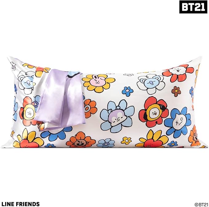 Kitsch x BT21 Satin Pillowcase with Zipper – Better Than Silk Pillowcase, Mang Character & Funky Floral Print – Soft Cooling Toddler Bed Time Pillow Case for Hair & Skin – King Size 19x36