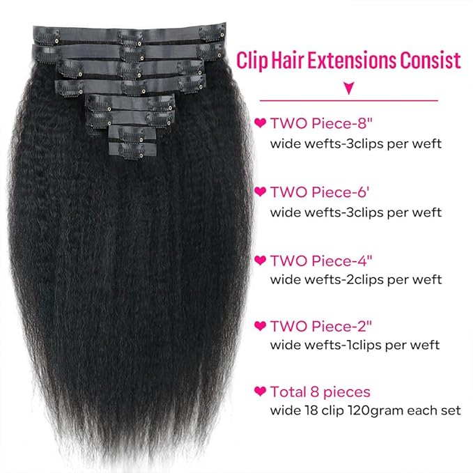 Seamless Kinky Straight Clip in Hair Extensions for Black Women Brazilian Virgin Human Hair Extensions 8Pcs Seamless Clip ins Human Hair with 18Clips Invisible PU Skin Weft 120g 14inch Natural Black
