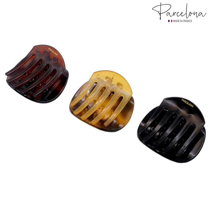 Parcelona French Onde Tortoise Shell Black and Savana Small 2” Celluloid Set of 3 Round Side Slide In Secure Grip Hair Claw for Women and Girls