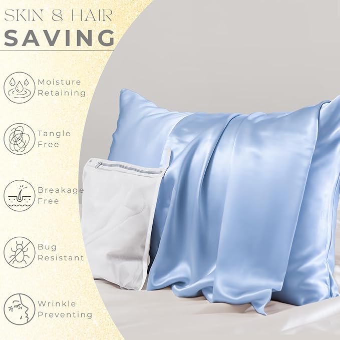 PROMEED Natural 23 Momme Silk Toddler Pillowcase for Baby Hair and Skin, Fits Pillow 13x18, Both Sides 100% Mulberry Silk Baby Travel Pillow Cases with Laundry Bag (Toddler/Travel-13 x18, Light Blue)