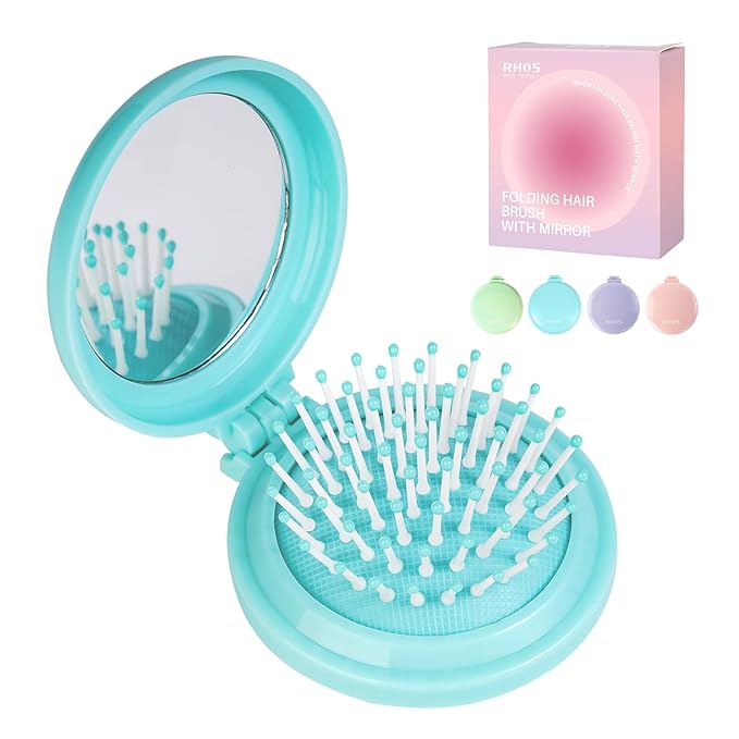 RHOS Folding Brush with Mirror for Women, Men & Kids - Compact, Portable, and Foldable for Travel, Purse or Pocket (Blue)