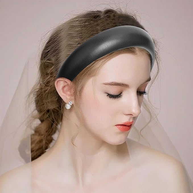Wide Headbands for Women,2PCS Soft Leather Padded Headband Black Sliver,Fashion Dressy Head Band Comfortable Hairbands for Daily Prom Party Head Accessories
