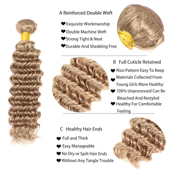 Ash Blonde Deep Wave Bundles Human Hair Color #22 Bundle Niegmeag Brazilian Virgin Remy Hair 3 Bundles 16 18 20 Inch Double Weft #22 Blonde Bundle Hair Weave