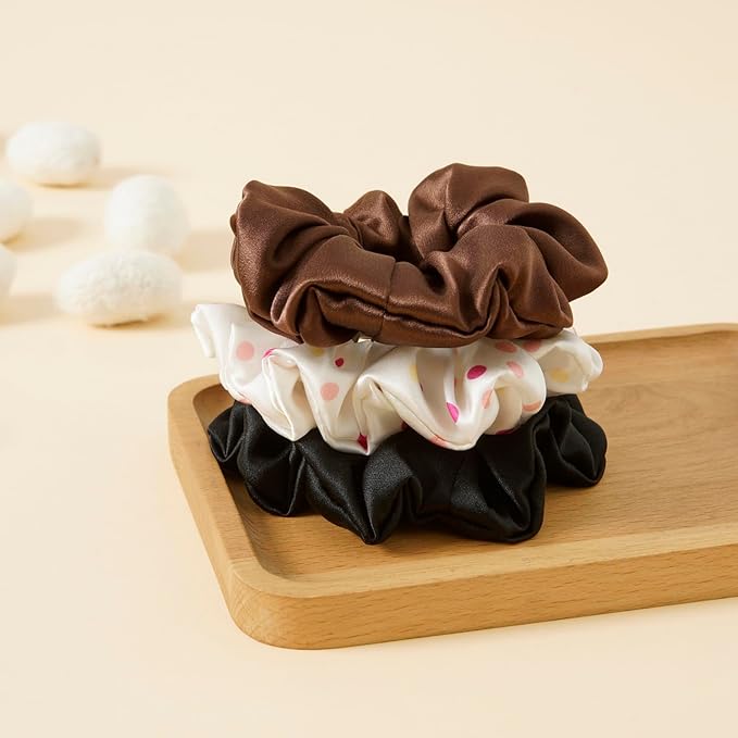 19Momme Silk Scrunchie Thick Hair Ties for Curly Hair, No Slip Hair Bands for Women, Vintage Satin Hair Accessories (Black,Polka dot,Brown)