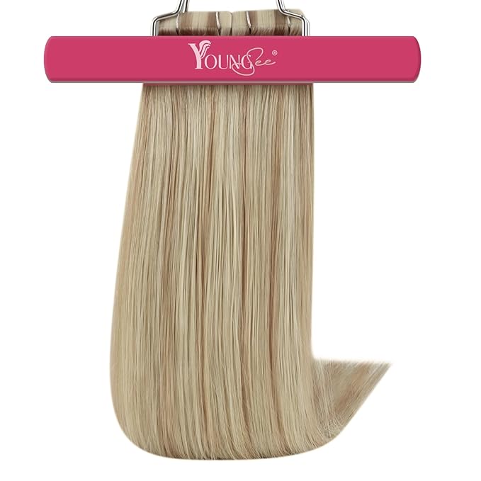 YoungSee Tape in Hair Extensions Human Hair Blonde Highlight Seamless Tape-in Hair Extensions Human Hair Light Blonde with Strawberry Blond Tape Extension Real Hair for Girls 14 Inch 20pcs 50g