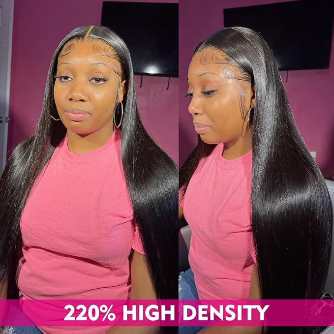 Iris Queen 12A 220 Density HD Lace Front Human Hair Wigs for Black Women Pre Plucked 13x4 Straight Transparent Lace Frontal Wigs with Baby Hair Natural Black Color(26 Inch)