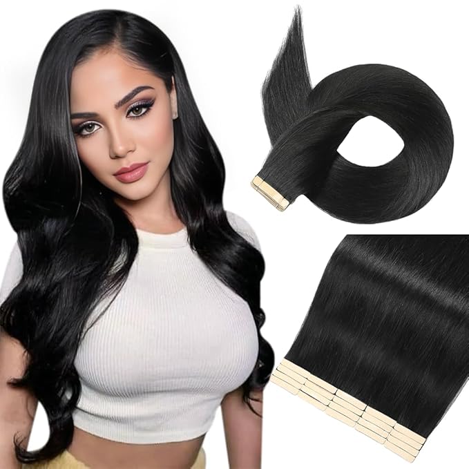 Tape in Hair Extensions Real Human Hair 24 Inch Jet Black Tape for Skin Weft Hair Extension Invisible Tape in Hair Extensions Straight Remy Human Hair for Women 20pcs