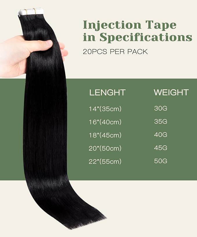 SURNEL Injection Tape in Hair Extensions 20 Inch Natural Real Human Hair Extension 20 Pcs 45g Jet Black Upgraded Seamless Remy Invisible Tape in Extensions(#1,20)