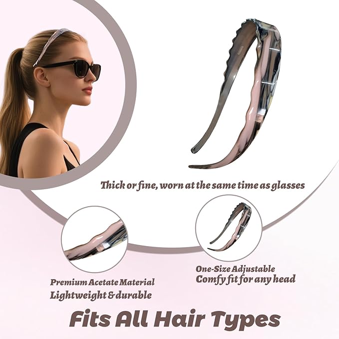 Acetate Hairbands for Women - Non-Slip Thin Headbands with Teeth, Eyewear-Friendly Design, 90s Retro Hair Accessories, No Pressure & No Headache Sunglasses Headband（Black & Pink）