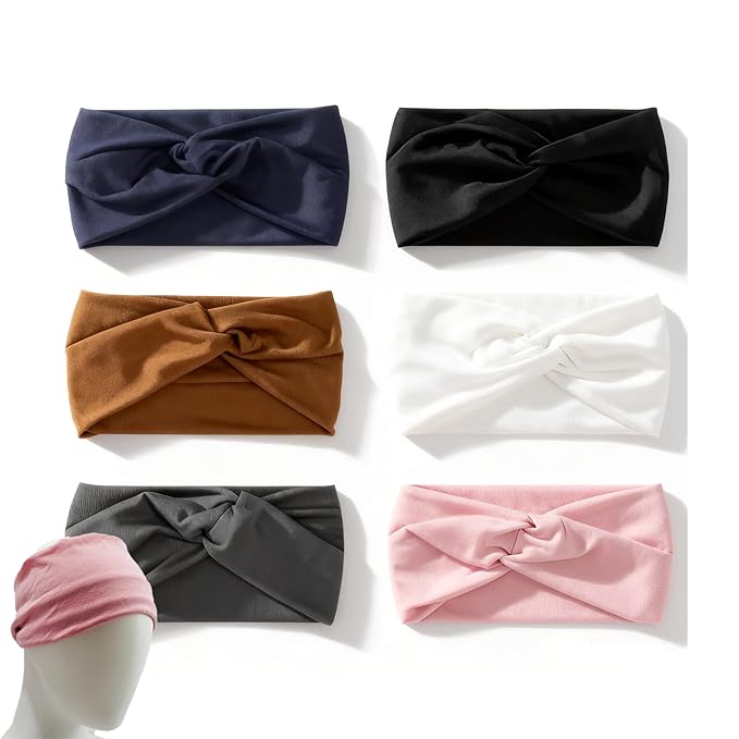 6 Pack Wide Headbands for Women, Elastic Thick Headbands for Women's Hair, Workout Hair Bands for Women Non Slip, Fashion Twist Knotted Turbans, Cute Head Wraps for Yoga Running Gym (Solid Color)