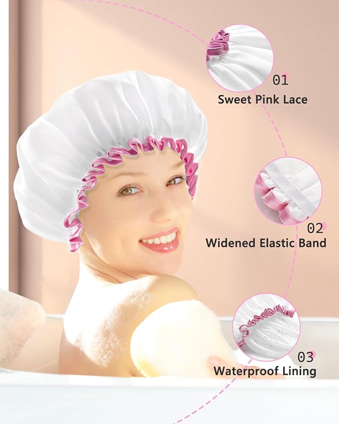 mikimini White Shower Cap Waterproof Reusable, Double Layers Bathing Hair Cap with Soft Comfortable PEVA Lining, Cute, Non-fading & Stretchy Shower Hat Medium (Pack of 1) White