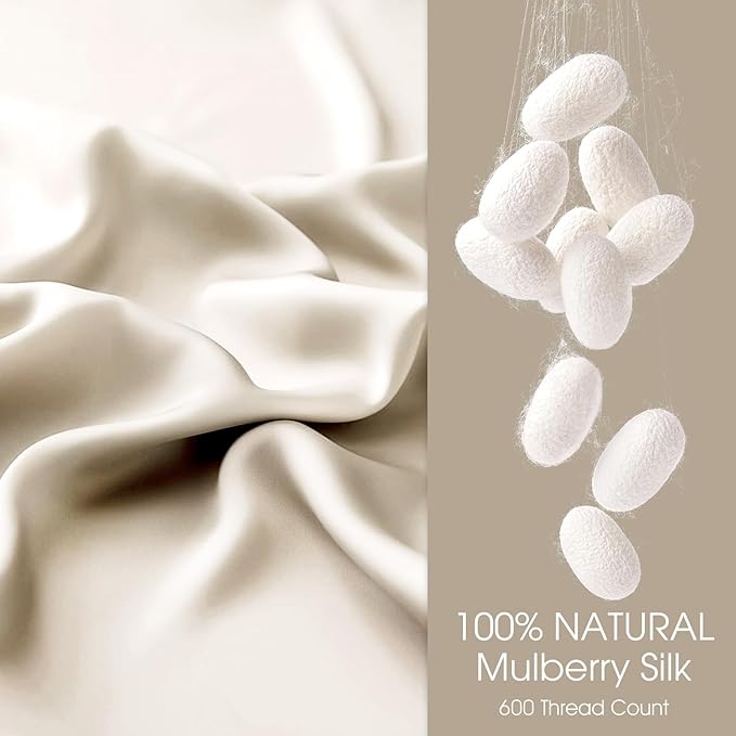 100% Silk Pillow Cases 2 Pack Queen Size Mulberry Silk Pillowcase for Hair and Skin Set of 2 Highest Grade 6A Silk Soft Breathable Cooling with Hidden Zipper, Beige