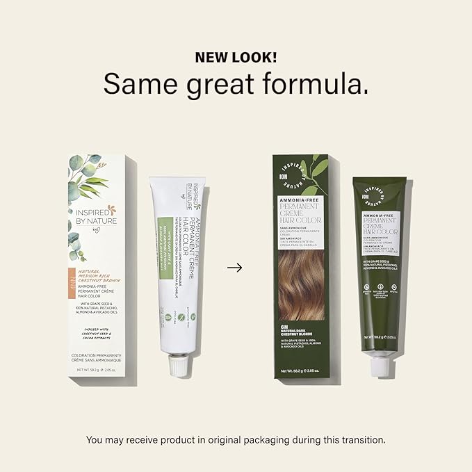 ion Inspired By Nature Permanent Hair Color Medium Honey Brown 4G, made from 100% naturallyderived polymers, cruelty free, vegan, PPD free, recyclable packaging, 2.05 oz