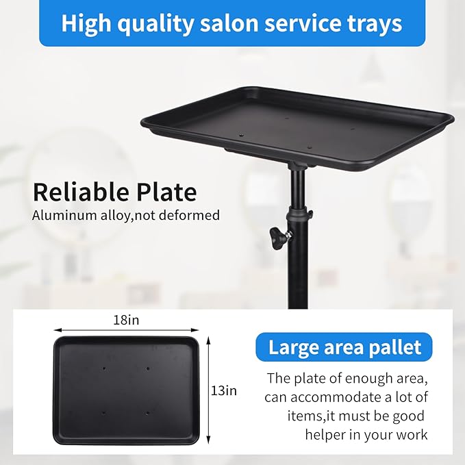 Rolling Salon Tray, Adjustable Salon Tray on Wheels, Premium Aluminum Tattoo Tray Cart for Spa Clinic, Black