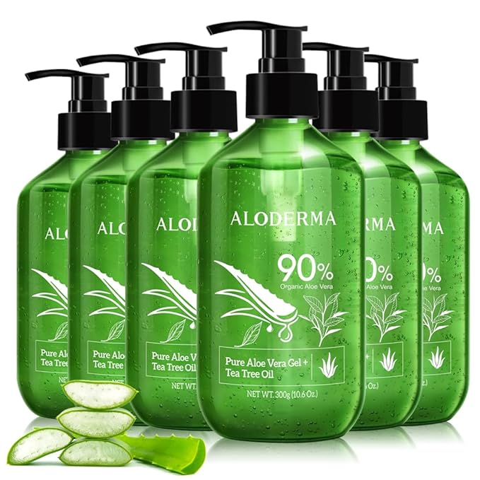 Aloderma Aloe Vera Gel + Tea Tree Oil, Made with Refreshing Organic Aloe for After Sun Skin Care, Multipurpose Use for Hair and Scalp, and Face or as a Shaving Gel or Aftershave - 10.6Oz x 6btls