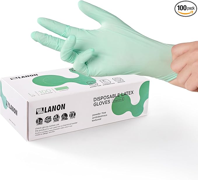 LANON 5 mil Vitamin-E Coated Latex Disposable Gloves, Food-Contact Grade, Fully Textured, Green, Small