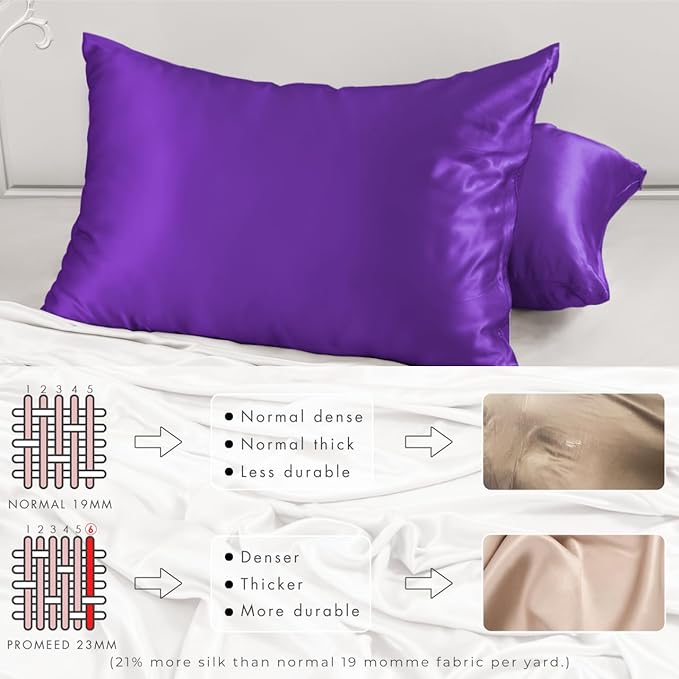 PROMEED 100% Mulberry Silk Pillowcase Set of 2, Both Sides Natural Silk Pillow Case 2 Pack Cooling Pillow Cases for Hot Sleepers, Hidden Zipper Closure (Queen 20"x30", Purple)