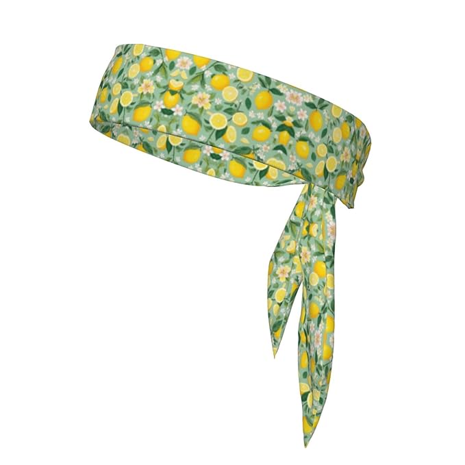 Men's Women Lovely Sports Sweat Band Hair Decor for Sports Workout Spa, Long Boho Style Lemon Tree Leaves Tropical Flowers Floral Head Ribbon Headwear