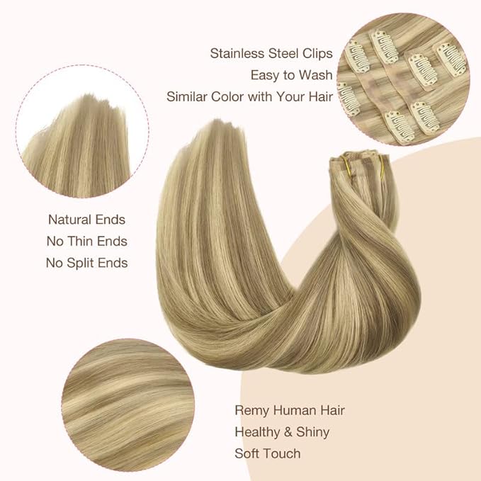 GOO GOO Clip in Hair Extensions Real Human Hair, Remy Human Hair Extensions Clip ins for Women, Natural Human Hair, 14inch 110g 7Pcs, 16/22 Light Blonde Highlighted Golden Blonde