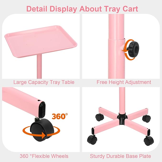 JOSTZHXIN Salon Tray, Height Adjustable Salon SPA Service Tray, Hairstylist Rolling Tray, Premium Aluminum Tattoo Tray, Pink Rolling Trolley