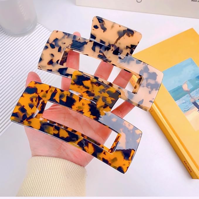 Large Hair Claw Clips Big Cutout Tortoise Shell Celluloid Hair Jaw Clips 4.1inch French Design Rectangle Hair Clamp for Women Ladies