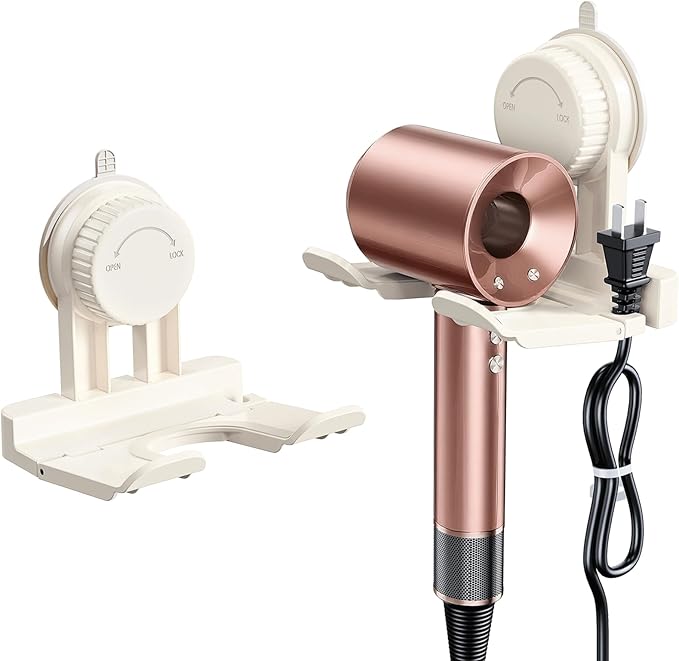 Universal Suction Cup Blow Dryer Holder,Hairdryer Holder For Bathroom Wall Mount,With Plug&Cord Organizer.Strong And Stable，Easy Installation Ideal for Bathroom And Cabinet Door(White)