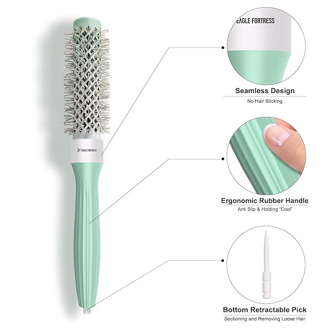 Eagle Fortress Round Brush for Blow Out, Thermal Ceramic Hair Brush for Blow Drying with Ionic Bristle for Professional Blowout Brushing - Green, 25mm
