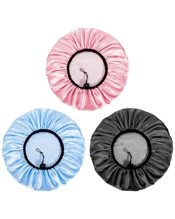 Auban Shower Cap for Women, Adjustable Reusable, Extra Large, Double-Layer Waterproof Bathing cap, Waterproof Exterior, EVA Lining, Hair Cap for All Hair lengths, 3 Colors