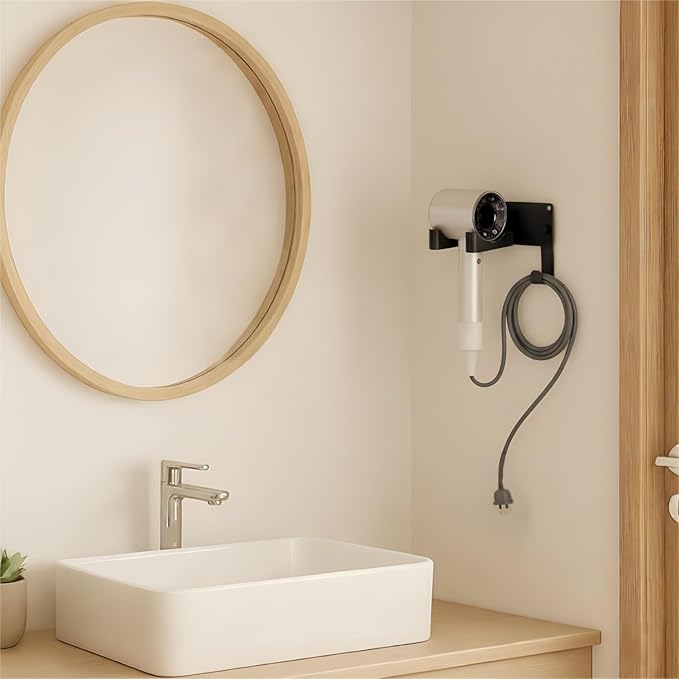 Hair Dryer Holder, Aluminum Alloy Blow Dryer Holder with Adhesive/Screw Installation, Universal Hair Dryer Wall Mount Compatible with Dyson Hairdryer Holder for Bathroom Black UEMUSI
