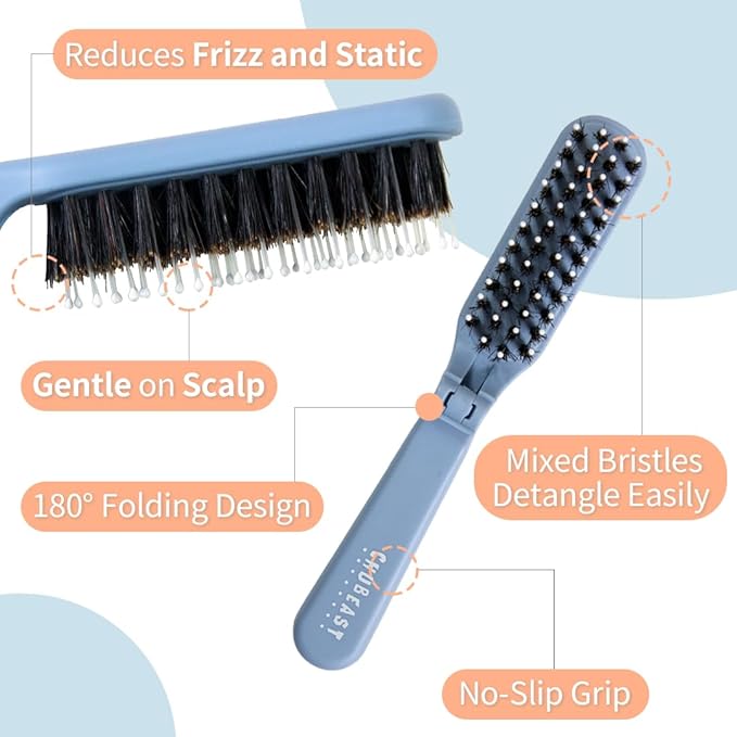 Uffy MiniPop Travel Hair Brush – Mini Folding Boar Bristles for Women, Men & Kids | Kid-Friendly Compact Comb for Wet & Dry Hair, Curly or Straight | Pocket-Size Detangler - Pistachio on Lavender