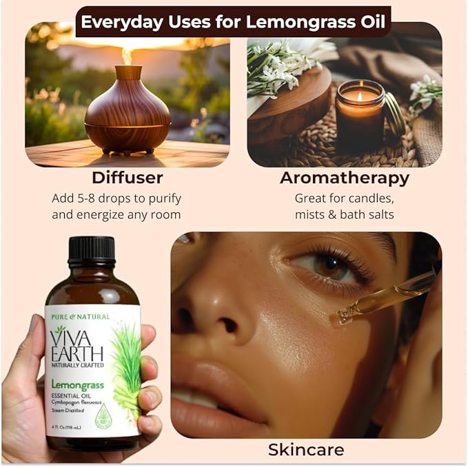 Lemongrass Essential Oil – Pure and Natural with a Bright, Citrus-Fresh Aroma for Diffusers, Aromatherapy, Hair and Skin Care, Soap and Candle Making – with Dropper, 4 oz