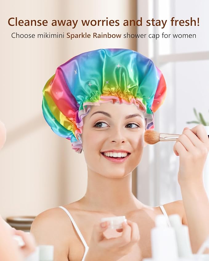 mikimini Sparkle Rainbow Shower Cap for Women Long Hair, Pack of 2,Double Layer Waterproof, X-Large, Reusable, Washable, No Smell, Fashion Bath Cap