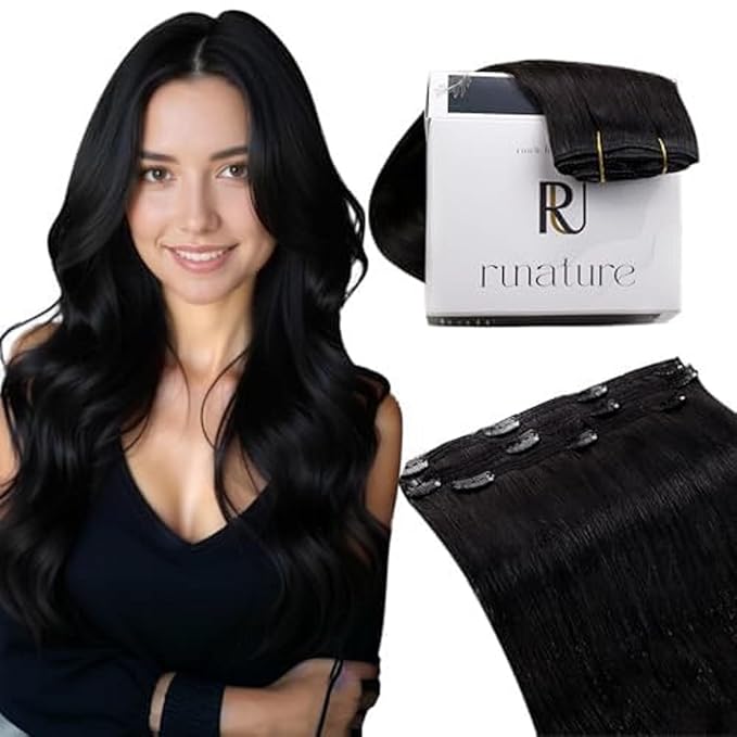 RUNATURE Black Clip in Hair Extensions, Real Human Hair Clip in Extensions, Short Hair Extensions Clip Ins 12 Inch, Remy Natural Hair, Easy To Apply, 50g 3pcs #1B Off Black