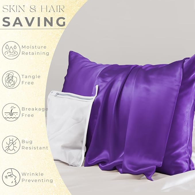 PROMEED 23 Momme Kids Silk Pillowcase 2 Pack with Laundry Bag, Natural Grade 6A+ Mulberry Silk Travel Toddler Pillow Case Set of 2, Zipper (Toddler/Travel 13"x18", Purple)