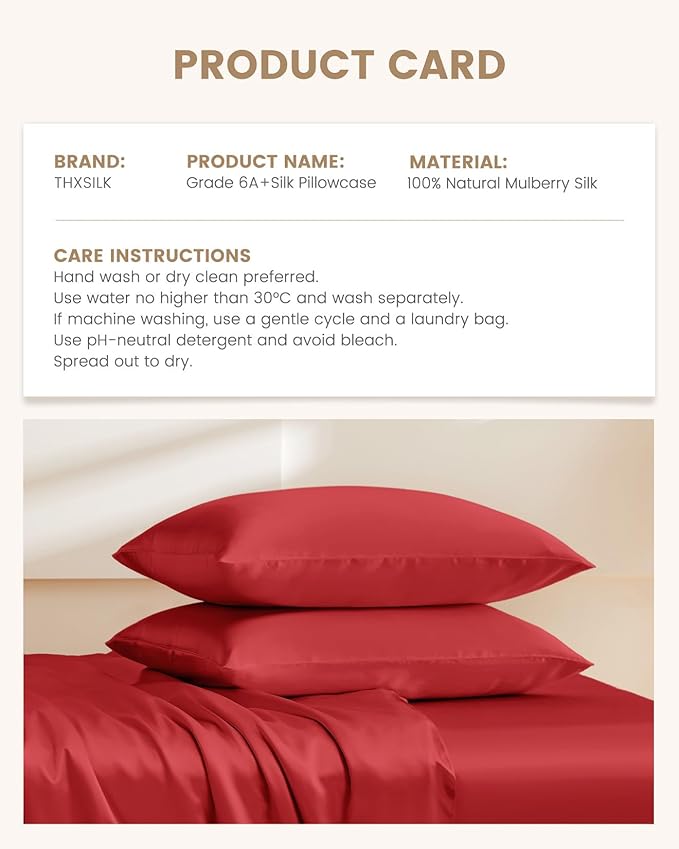 THXSILK 100% Silk Pillowcase for Hair and Skin, Both Sides Grade 6A+ Natural Mulberry Silk Pillow Case with Hidden Zipper, Soft and Smooth Red Pillowcase(1pc, Queen Size 20"x30")