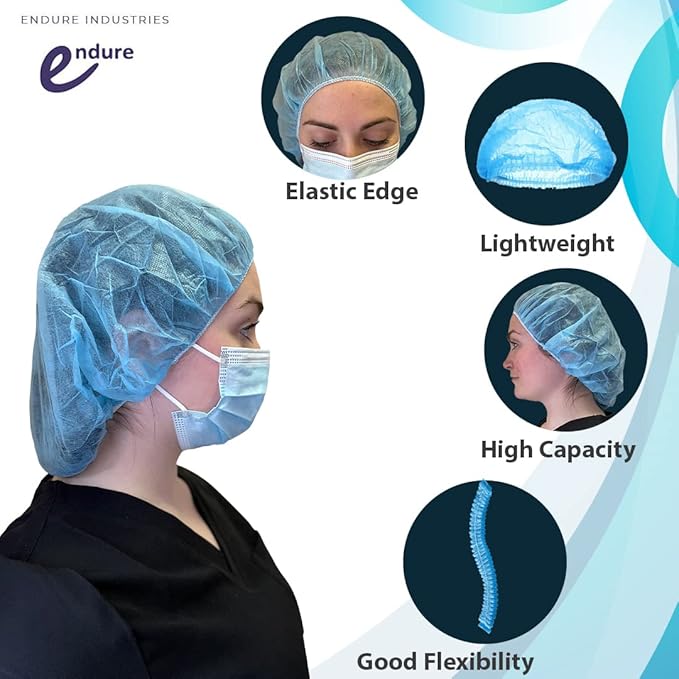 Endure Disposable Bouffant cap- Blue, Hair Head Cover Net, Handmade, Nonwoven PP, Case of 400 (21")
