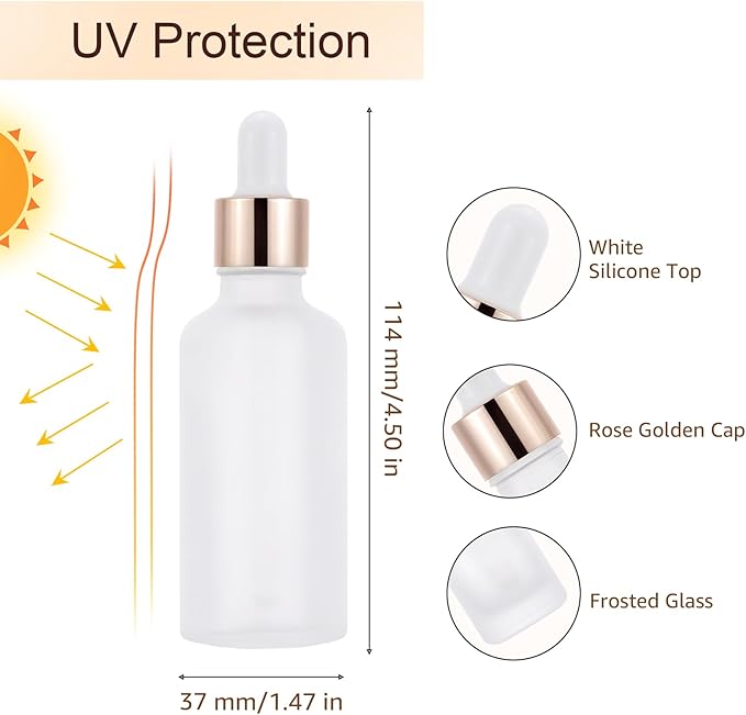 20 Pack 50ml Frosted Glass Dropper Bottles for Essential Oils, 1.7oz Eye Dropper Bottles with Rose Golden Caps for Travel, Large Empty Glass Tincture Vials with Droppers, Funnels & 20 Labels