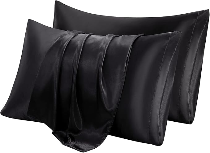 Aormenzy Black Satin Pillowcase for Hair and Skin, Satin Pillow Cases for Women Standard Size Set of 2 with Envelope Closure Silky Pillow Covers Wrinkle, Fade Resistant (20x26 Inches)